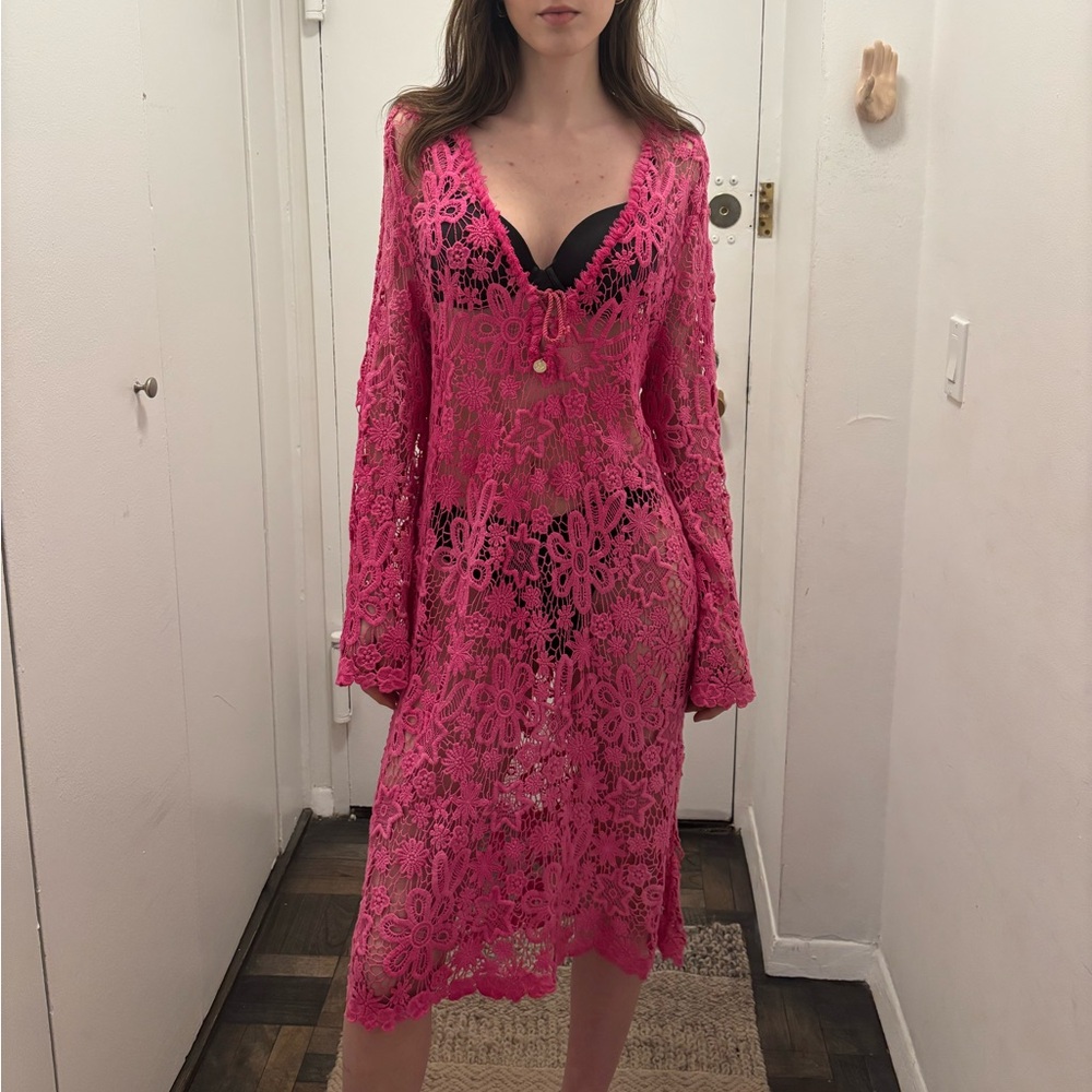 Blumarine Beachwear Pink Lace Floral Cardigan